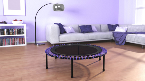 The bellicon with limited purple bungees in a living room.